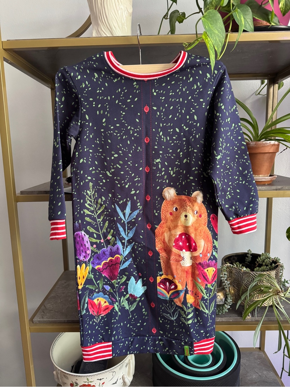 Kids' Navy Bear & Mushroom Print Casual Dress